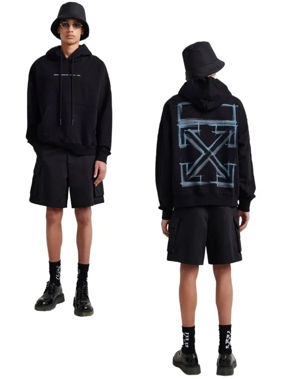 ♻️💯Upper body reference model picture❤️Top tested version 2022OFF OW WHITE new blue chalk marker depicting arrow loose trendy brand unisex casual autumn and winter hoodie sweatshirt Everyone take a look at the details of this enlarged picture, the print is like a chalk drawing, the image is lifelike. The printing uses Kornit digital direct inkjet printing, which adds particle direct inkjet printing. So it looks like chalk. But don’t worry about the anchorage of the printing, it will never fall off. Backwash and sun-resistant, machine washable without stress. Absoluteness distinguishes the offset printing on the market, which is perfunctory and cannot restore the texture of pink and ink at all! The side hems are initially folded, please pay attention! The fabric is made of 480 combed pure cotton terry, which has a full drape. Customized collar label, washed, hang tag. Color: Black Size: XS-L P:390